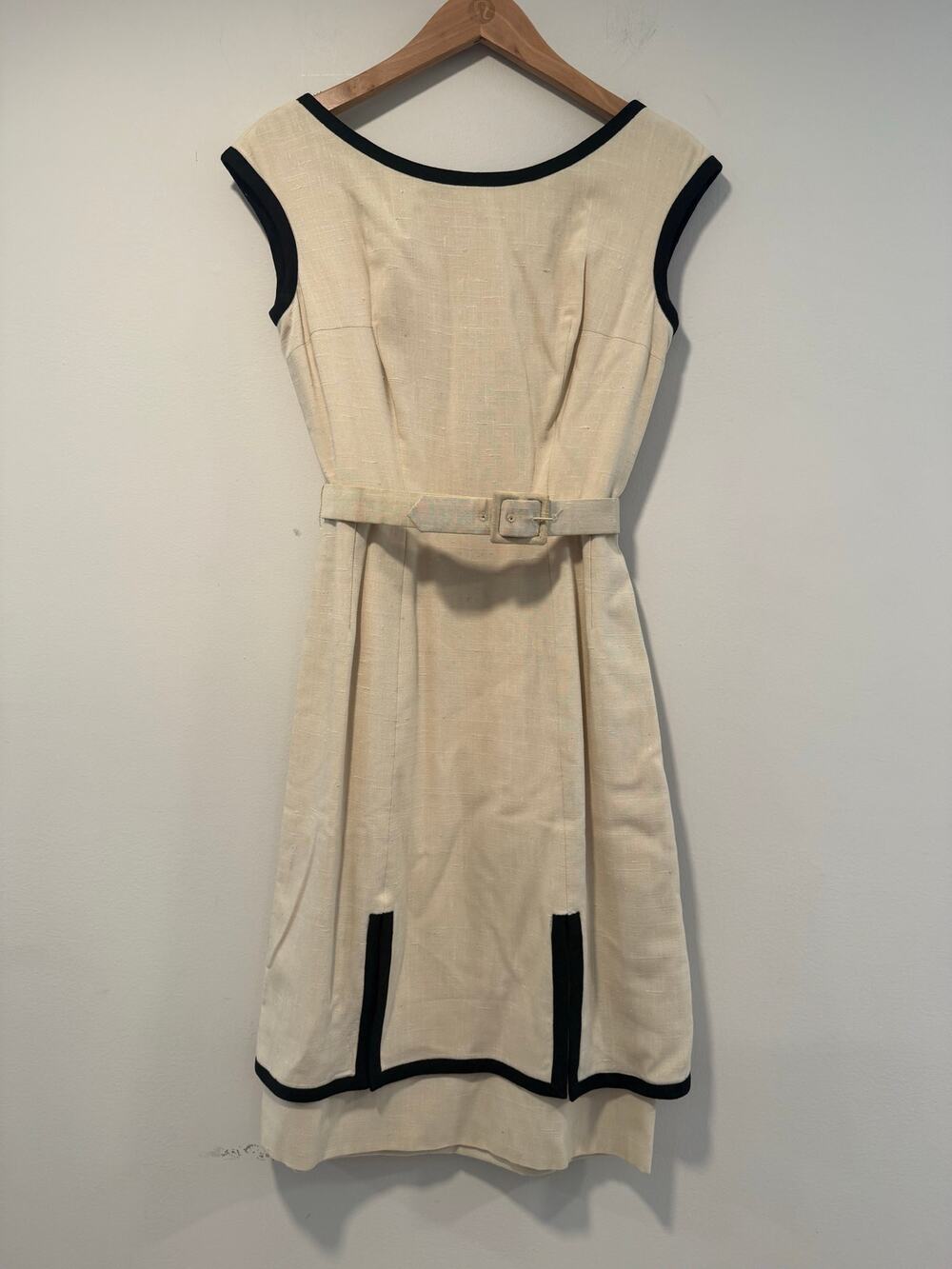 VTG 1950s-60s Lord & Taylor Fifth Ave Belted Midi Dress Cream Black Piping JL